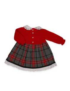 VESTIDO CUERPO PUNTO CUADROS CUELLO 2 POMPONES 2