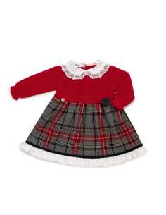 VESTIDO CUERPO PUNTO CUADROS CUELLO 2 POMPONES