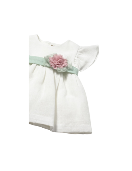 Vestido con cubrepañal y fajín floral ceremonia recién nacida