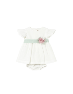 Vestido con cubrepañal y fajín floral ceremonia recién nacida