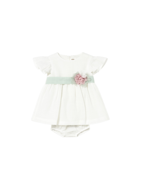 Vestido con cubrepañal y fajín floral ceremonia recién nacida